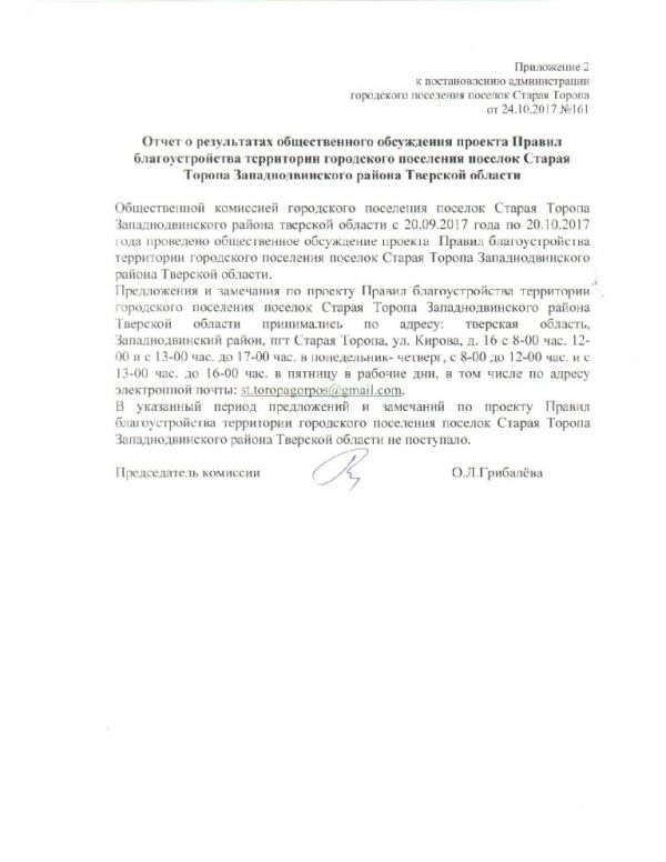 О результатах общественного обсуждения проекта Правил благоустройства территории городского поселения поселок Старая Торопа Западнодвинского района Тверской области